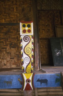 MYANMAR, Kachin State, Near Myitkyina, Jinghpaw ceremonial house interior detail at Manao grounds