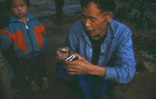 THAILAND, Chiang Rai Province, Doi Lan, Lisu elder reading a pair of chicken wings for oracular