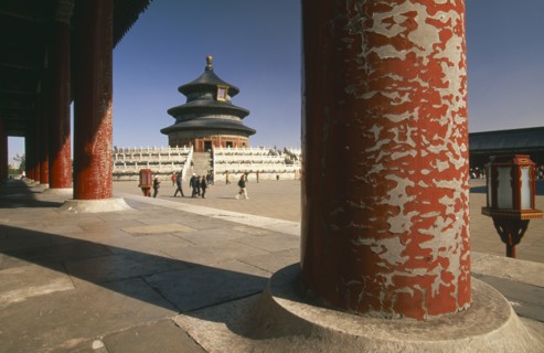 CHINA, Beijing, Temple of Heaven.  Hall of Prayer for Good Harvests through colonnade of pillars