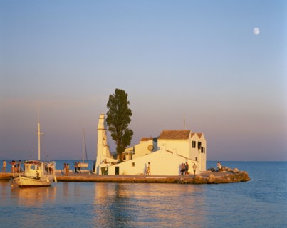 GREECE, Ionian Islands, Corfu, "Kanoni, south of Corfu Town.  Vlacherna Monastery.  Boat taking