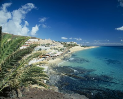 SPAIN, Canary Islands, Fuerteventura, Morro del Jable.  Coastal town with hotels and apartments