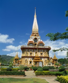 THAILAND, Phuket Province, Wat Chalong, Highly decorative Buddhist temple exterior.