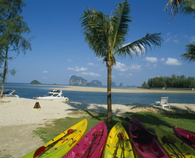 THAILAND, Trang Province, Trang Beach, Brightly coloured canoes under palm tree in foreground with