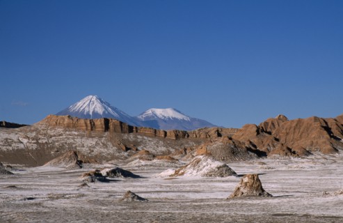 CHILE, Antofagasta, General, Salt deposits on desert surface near San Pedro de Atacama with snow