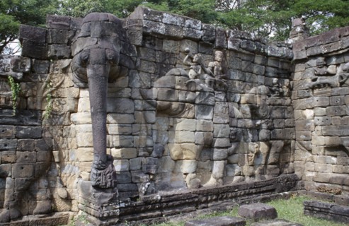 CAMBODIA, Angkor, The Terrace of the Elephants.  Detail of relief carving.