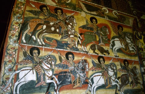 ETHIOPIA, Lake Tana, Monastery interior.  Detail of wall painting.