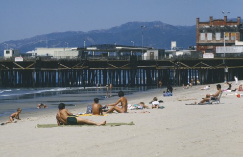 USA, California, Santa Monica, Beach and pier with people sunbathing