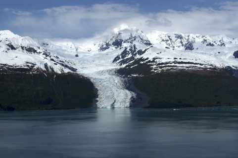 USA, Alaska, College Fjord, View over calm waters of the bay toward snow capped mountain range