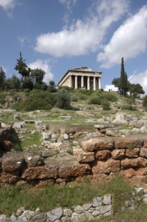 GREECE, Athens, View over the Ancient Agora ruins toward the hilltop Temple of Hephaestus