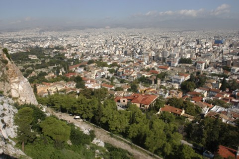 GREECE, Athens, Aerial view over the city rooftops