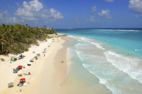 WEST INDIES, Barbados, St Philip, View along Crane beach with scattering of umbrellas and