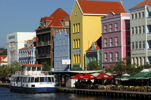 WEST INDIES, Dutch Antilles, Curacao, Willemstad harbour front colourful colonial style