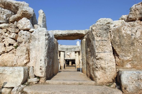 MALTA, Hagar Qim, View along passage way of the temple constructed of huge limestone slabs dating