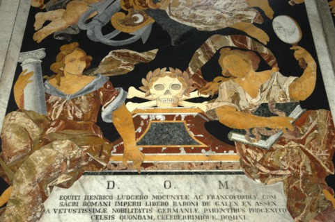 MALTA, Valletta , St Johns Cathedral. Detail of intricate marble inlaid tombstone forming part of a