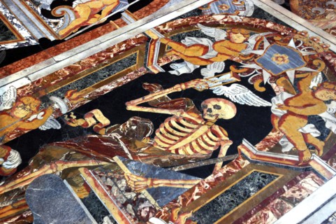 MALTA, Valletta , St Johns Cathedral. Detail of intricate marble inlaid tombstone forming part of a