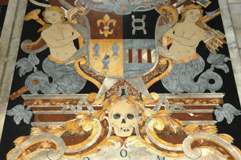 MALTA, Valletta , St Johns Cathedral. Detail of intricate marble inlaid tombstone forming part of a