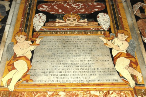 MALTA, Valletta , St Johns Cathedral. Detail of intricate marble inlaid tombstone forming part of a