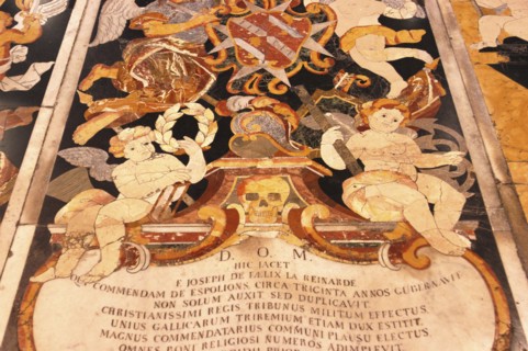 MALTA, Valletta , St Johns Cathedral. Detail of intricate marble inlaid tombstone forming part of a