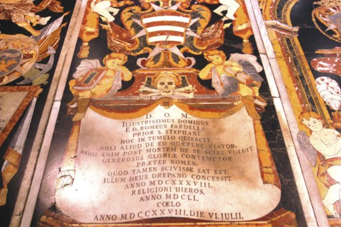 MALTA, Valletta , St Johns Cathedral. Detail of intricate marble inlaid tombstone forming part of a