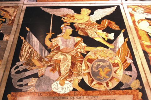 MALTA, Valletta , St Johns Cathedral. Detail of intricate marble inlaid tombstone forming part of a