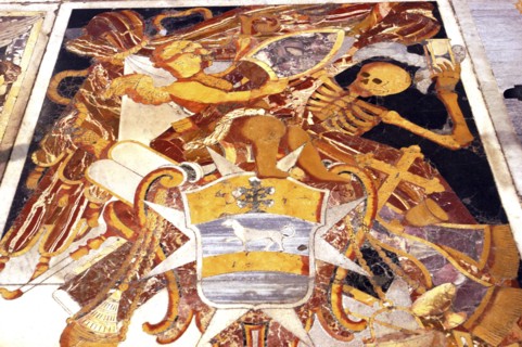 MALTA, Valletta , St Johns Cathedral. Detail of intricate marble inlaid tombstone forming part of a