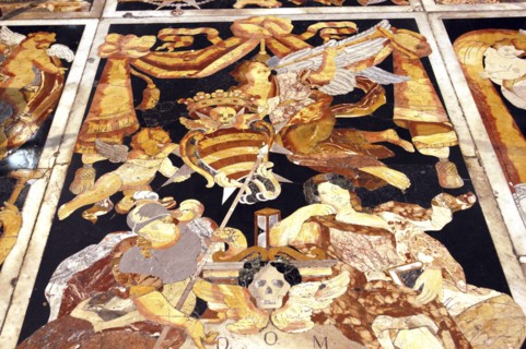 MALTA, Valletta , St Johns Cathedral. Detail of intricate marble inlaid tombstone forming part of a