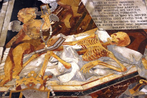 MALTA, Valletta , St Johns Cathedral. Detail of intricate marble inlaid tombstone forming part of a