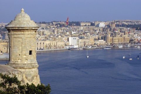 MALTA, Vittoriosa, View of fortification sentry post overlooking harbour and town