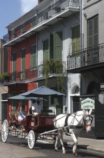 USA, Louisiana, New Orleans, French Quarter. Horse drawn carriage with passenger