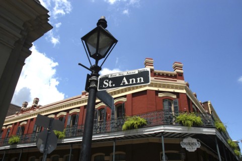 USA, Louisiana, New Orleans, French Quarter. Lamp post and street sign on Rue St Anne with typical