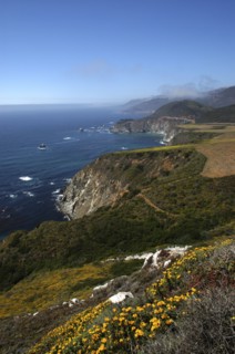 USA, California, Big Sur, Pacific Coast Highway. View over green coastline with rocky cliffs