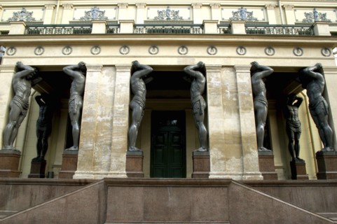 RUSSIA, St Petersburg, Hermitage. The Atlantes portico with statue columns