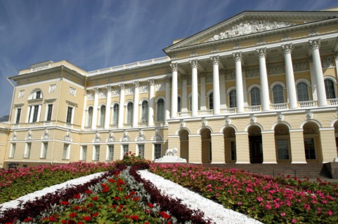 RUSSIA, St Petersburg, Mikhailovsky Palace now the Russian Museum with flowerbeds in the foreground