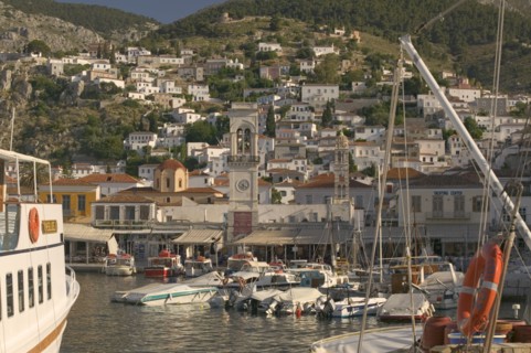 GREECE, Saronic Islands, Hydra, View of the port in Hydra Town.