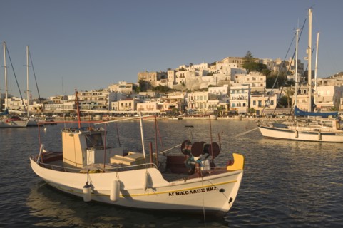 GREECE, Cyclades, Naxos, Hora. View of the waterfront in evening light.