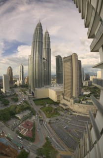 MALAYSIA, Kuala Lumpur, The Petronas Towers seen through a Fish eye lens