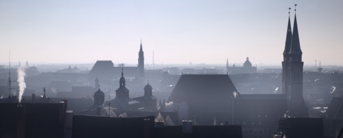 GERMANY, Bavaria, Nuremberg, Winter city skyline from the Kaiserburg.