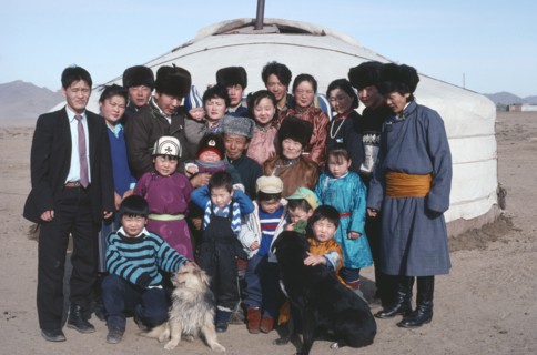 MONGOLIA, Ulaan Baatar, Three generations of one family outside their yurt.