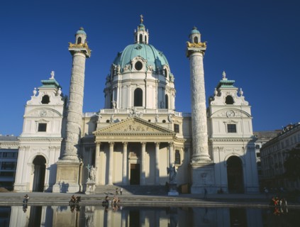 AUSTRIA, Vienna, Karlskirche aka Church of St Charles Borromaeus. View of the facade showing twin