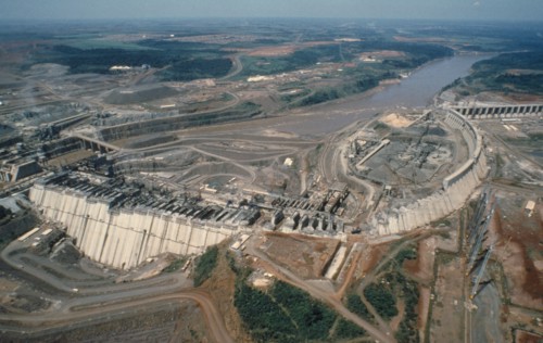 BRAZIL, Parana, Itaipu Dam, Aerial view over hydro electric dam.