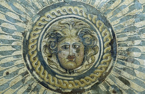 LIBYA, Tolmeita, Mosaic depicting Medusa exhibited in the museum