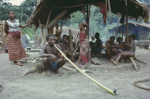 CONGO, Tribal Peoples, Pygmies in forest near Ituri.  Man in foreground smoking dried local leaves