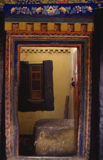 TIBET, Lhasa, Detail of doorway in the Jokhang monastery.