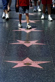 USA, California, Los Angeles, Hollywood. Pink marble and bronze stars embedded into Hollywood