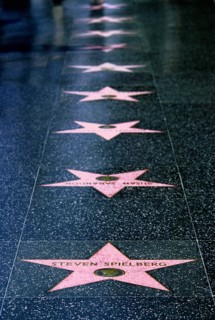 USA, California, Los Angeles, Hollywood. Pink marble and bronze stars embedded into Hollywood