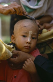 MYANMAR, Children, Ritual head shaving of initiate monk.