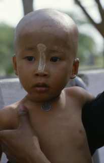 MYANMAR, Children, Initiate monk after ritual head shaving.
