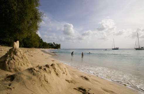 WEST INDIES, Barbados, St Peter, Gibbes Bay beach in the late afternoon with sandcastles at the
