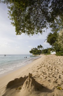WEST INDIES, Barbados, St Peter, Gibbes Bay beach in the late afternoon with sandcastles at the