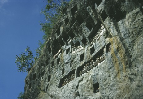 INDONESIA, Sulawesi, Toraja wooden funeral effgies or tau tau set into cliff outside the family
